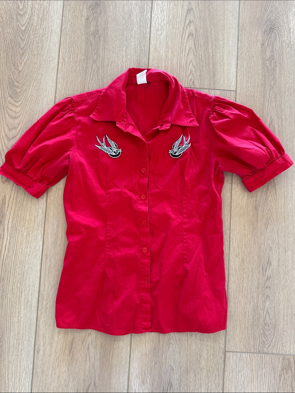 Red Embroidered Swallow Button-Down Blouse